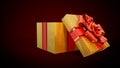 opened beautified goldish and red surprise gift box on dark background - object 3D illustration Royalty Free Stock Photo