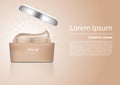 Opened beige cosmetic container with cream and silver lid on nude background and template