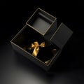 Opened black empty gift box with golden ribbon and bow isolated on transparent Royalty Free Stock Photo