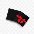 Opened black empty gift box with red ribbon and bow isolated on transparent background. Top view. Template for your Royalty Free Stock Photo