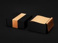 Opened Black Gift Box Mockup on black background, 3d rendering. Luxury packaging box for premium products. Square golden