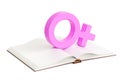 Opened blank book with female gender symbol, 3D rendering