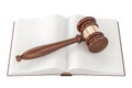 Opened blank book with gavel, 3D rendering Royalty Free Stock Photo