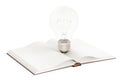 Opened blank book with lightbulb, 3D rendering Royalty Free Stock Photo