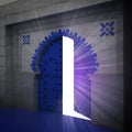 Opened blue doorway exploration perspective with glow