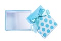 Opened blue gift box with ribbon isolated on white Royalty Free Stock Photo