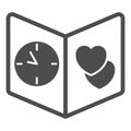 Opened book with clock and hearts, card, postal solid icon, dating concept, postcard vector sign on white background Royalty Free Stock Photo