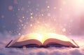 Opened book emits light, sparkles. Magic emanates from paper sheets. Book rests on clouds. Concept of knowledge, wisdom. Royalty Free Stock Photo