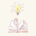 Opened book lamp ideal lightbulb hand drawn style vector doodle design illustrations