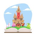 Opened Book with Magic Fairytale Castle, Prince, Princess, Unicorn and Dragon Vector Illustration Royalty Free Stock Photo