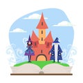 Opened Book with Magic Fairytale Castle, Wizard and Witch Vector Illustration