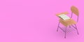 Opened Book over Wooden Lecture School or College Desk Table with Chair. 3d Rendering