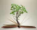 Opened book pages with green foliage on tree