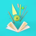 Opened book school supplies blue background Top view minimalist Royalty Free Stock Photo