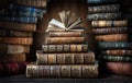 Opened book and stacks of old books on wooden desk in old library. Ancient books historical background. Retro style. Conceptual Royalty Free Stock Photo