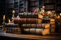 Opened book surrounded by stacks of ancient books on a wooden desk in an old library Royalty Free Stock Photo