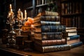 Opened book surrounded by stacks of ancient books on a wooden desk in an old library Royalty Free Stock Photo