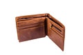 Opened brown leather wallet isolated on a white background