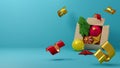 Opened cardboard box with falling out Christmas balls, stars and confetti on a light blue background. 3d illustration. Render.