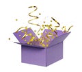 Opened cardboard box with rolled golden ribbons and cofetti Royalty Free Stock Photo