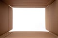Opened cardboard box shot from inside with white copy space Royalty Free Stock Photo