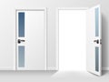 Opened and closed door. Realistic white interior door with transparent glass elements and black handles, 3d isolated Royalty Free Stock Photo