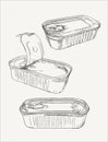 Opened and closed food tin cans, sketch vector. Royalty Free Stock Photo