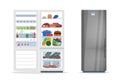 Opened and closed fridge or refrigerator with food. Royalty Free Stock Photo