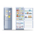 Opened and closed fridge or refrigerator with food. Royalty Free Stock Photo