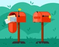 Opened and closed mailbox illustration. Red container with long leg overflowing with letters and empty waiting for Royalty Free Stock Photo