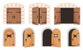 Opened and closed medieval doors, old castle gate, dungeon door. Cartoon wooden prison doorway, ancient city entrance