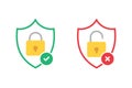 Opened and closed padlock icon. Secure and without protection lock sign. Green and red shield sign with padlock icon inside. Right Royalty Free Stock Photo