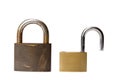 Opened and closed padlocks on a white background