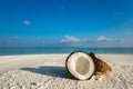 Opened coconut on the sandy beach of tropical island