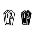 Opened coffin with the hand line and glyph icon. Dead vector illustration isolated on white. Tomb with the cross outline Royalty Free Stock Photo