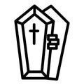 Opened coffin with the hand line icon. Dead vector illustration isolated on white. Tomb with the cross outline style Royalty Free Stock Photo