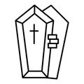 Opened coffin with the hand thin line icon. Dead vector illustration isolated on white. Tomb with the cross outline