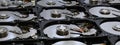 Opened computer hard disk drives and aligned. long banner web image Royalty Free Stock Photo