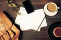 Opened craft paper envelope , autumn leaves and coffee on wooden table