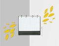 Opened day planner with yellow petals and pencil on grey background. Flat lay. Workspace with checkered sheet, place for text Royalty Free Stock Photo