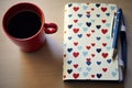 an opened diary, a pen, and a coffee mug with heart pattern Royalty Free Stock Photo