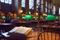 An opened dictionary and a classical bronze lampstand on wood table