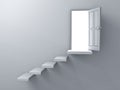 Opened door with bright light and stair on empty white wall background with shadow Royalty Free Stock Photo