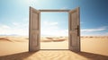 Opened door on desert. Open door with access to the beach from desert. Travel concept. generative ai Royalty Free Stock Photo