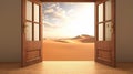 Opened door on desert. Open door with access to the beach from desert. Travel concept. generative ai Royalty Free Stock Photo