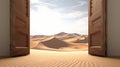 Opened door on desert. Open door with access to the beach from desert. Travel concept. generative ai Royalty Free Stock Photo