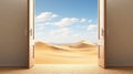 Opened door on desert. Open door with access to the beach from desert. Travel concept. generative ai Royalty Free Stock Photo