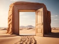 Opened door on desert. Unknown and start up concept. This is a 3d illustration Royalty Free Stock Photo