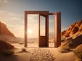 Opened door on desert. Unknown and start up concept. This is a 3d illustration Royalty Free Stock Photo