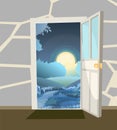 Opened door. From inside of room at home. Green landscape night view on hills and moon. Stone wall. Way is open. Cartoon Royalty Free Stock Photo